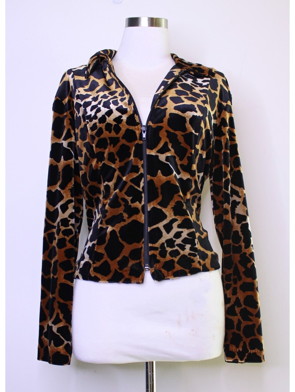 VTG Giraffe Print Velvet Zip Up Blouse - Medium